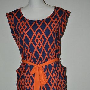 Navy Orange Short Dress with Tie Women's S M L New